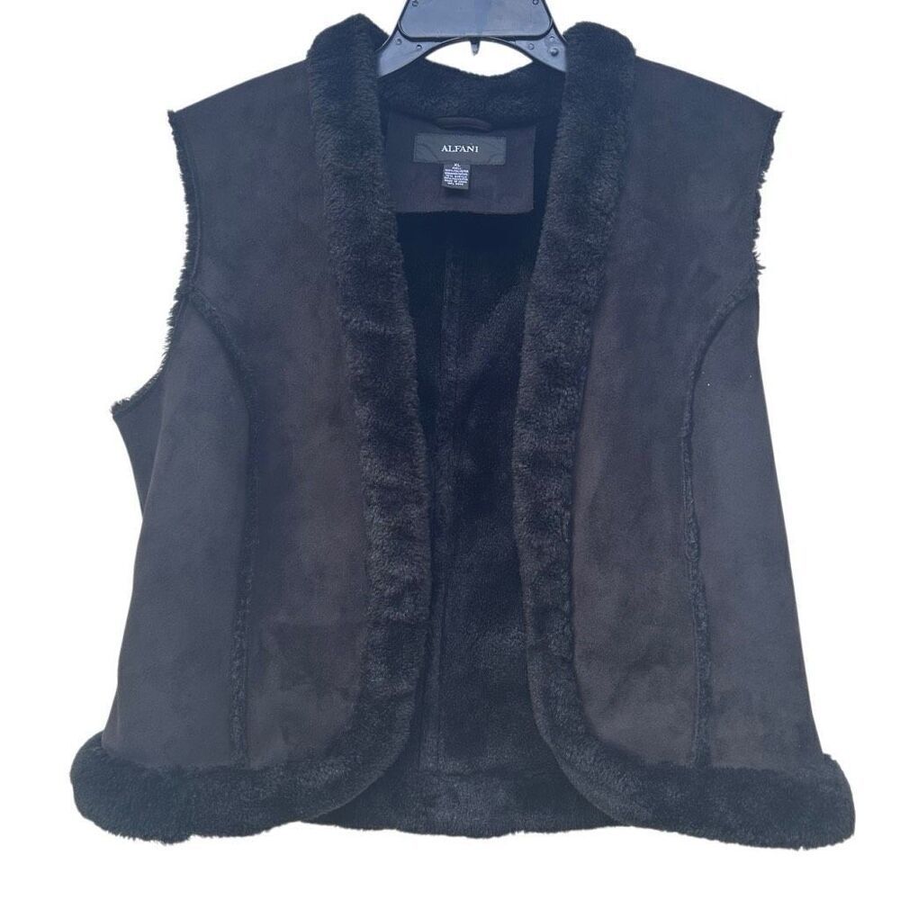 Alfani Vest Women’s XL Solid Black Faux Suede Fur Trim Sleeveless Open Front
